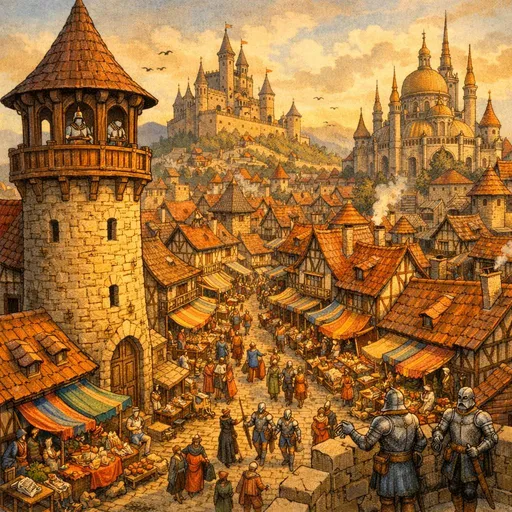 Prompt: Create a realistic digital artwork depicting a medieval fantasy grand distand cityscape as a birds eye view in the enchanting style of Anton Pieck and the story style of terry pratchett. Imagine bustling many little streets teeming with life, where merchants call out from their stalls in a lively marketplace, filled with vibrant fabrics and exotic wares. Tower above, a characteristic watch tower giving a sense of security, its stone facade kissed by warm sunlight, casting long shadows across the cobblestone streets below. In the distance, the majestic castle sits atop a hill, its turrets scraping the sky, while a magical temple gives a refuge to the citizens nearby, its spires adorned with intricate carvings. City watch patrol diligently but friendly, their armor glinting in the soft, golden light of dawn, embodying a sense of order amidst the joyous chaos. The atmosphere is alive with chatter, laughter, and the distant sound of bells ringing.