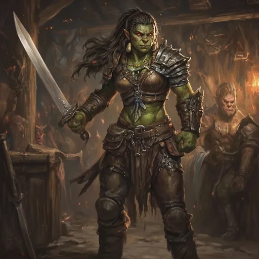 Prompt: Medieval fantasy female orc DnD character, standing in a rustic tavern, green skin,  red glowing eyes, poised for a fight, intense expression,  tusks, full fur leather armor, feminine muscular build, adorned with leather armor and tribal jewelry, ivory blade, surrounded by chaotic patrons, wooden beams, and torchlight casting shadows, oil portrait style, rich colors, dramatic lighting, high detail, ultra-detailed.