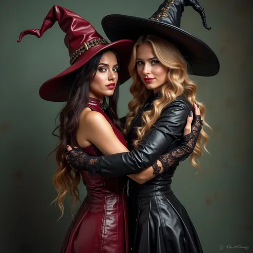 Prompt: full body women wizards in (shiny tight leather mage robes), (glossy lips), wizards hats,  embracing, lace boots, (dynamic pose), (playful atmosphere), (bold color tones), intricate medieval fantasy,  intricate (hairstyles) featuring, soft lighting enhancing details, emphasizing a visually striking composition, illustrating confidence and allure, creating an enticing and vibrant scene, (highly detailed), (HD), (fashionable chic).