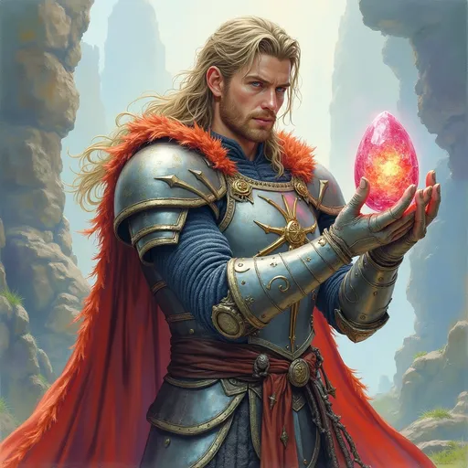 Prompt: (pencil watercolor painting) Justin Gerard style, D&D character paladin, holding a crystal dragon egg, (magical aura) glows softly around the paladin, intricate armor details and flamboyant cape, enchanting landscape background with fantasy elements, muted pastels and vibrant highlights, ethereal lighting creates a sense of wonder, ultra-detailed, inviting a narrative spirit and fantasy adventure.