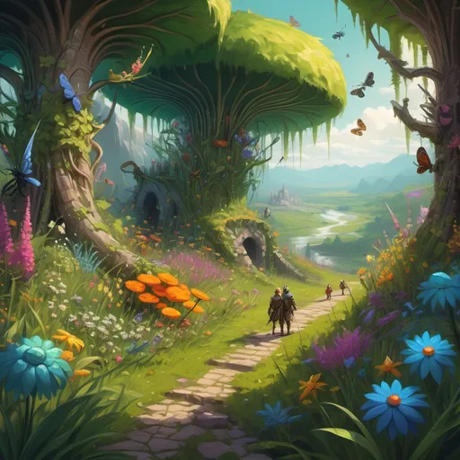 Prompt: (tiny DnD adventurers in a supersized macro world), (giant grass blades), (majestic flowers and branches), (medieval fantasy setting), (colossal insects), vibrant colors, cheerful sunlight, ultra-detailed, oil painting style, good lighting, lush greenery, expansive vista, fantastical elements