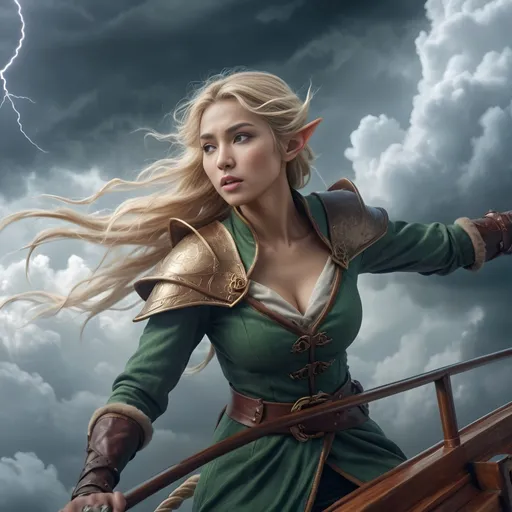 Prompt: blond asian female elf adventurer on a flying ship in the clouds, medieval fantasy, high up in the sky, sleek ship, phloughing through the clouds, intense expression, storm and wind,  rough admosphere, pretty face, beautiful curves, fantasy setting, detailed background with fluffy storm clouds, lightning, dynamic and energetic pose, ultra-detailed, 4K, high quality, cinematic colors