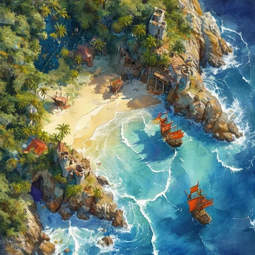 Prompt: (watercolor illustration) aerial view of a pirate beach, stranded ships among rocky shores, (medieval fantasy), epic battle scene with fierce monsters, hidden pirate hideouts in lush greenery, dynamic and vibrant colors, dramatic lighting and shadows, waves crashing against the shore, intense atmosphere reminiscent of a D&D adventure, inspired by Justin Gerard's enchanting style, (ultra-detailed, high quality).