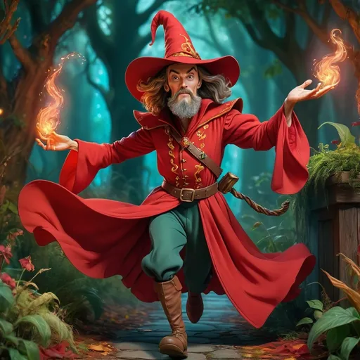 Prompt: full body (rincewind, Terry Pratchett character),  young apprentice wizard, short goaty dark beard, frighted face, running for his life, (overgrown) red gown, whimsical setting, vibrant colors, magical ambiance, expressive gesture, comedic posture, detailed fabric texture, enchanted atmosphere, overall fantasy theme, high quality, ultra-detailed, warm lighting, adventure vibes, dynamic composition.