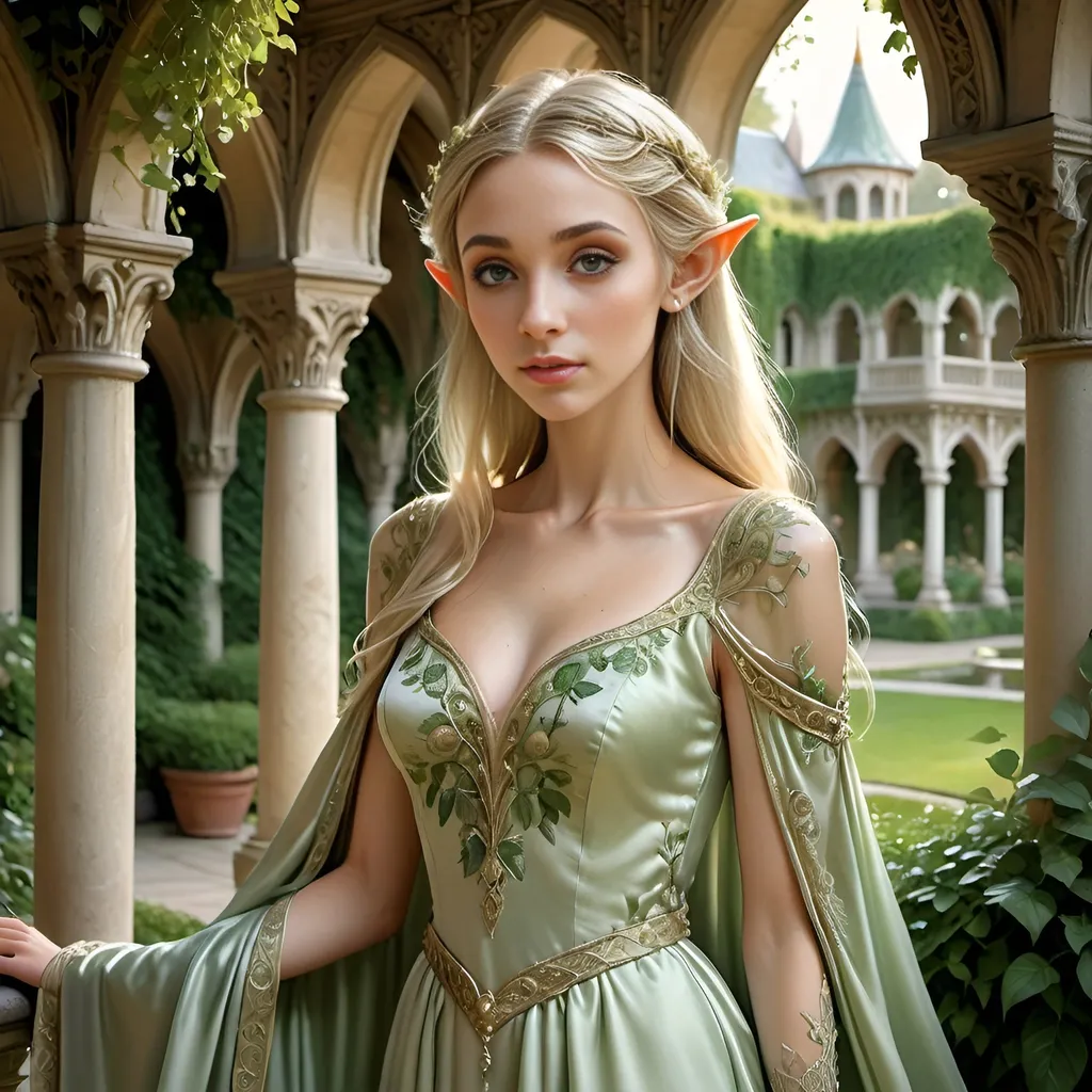 Prompt: Highly detailed digital art of a elf princess in flowing satin silk royal dress, palace garden, Anton Pieck style, medieval fantasy, intricate patterns, ornate cloth, royal attire, detailed realistic clothing folds, lush greenery, soft pastel tones, romantic lighting, detailed realistic face, professional, ultra-detailed, fantasy, medieval, satin gown, palace garden, Anton Pieck style, ornate architecture, lush greenery, romantic lighting, royal attire, intricate patterns, soft pastel tones, flowing fabric, professional lighting