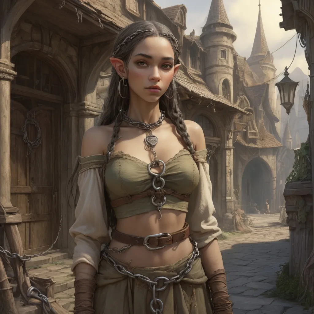 Prompt: (depiction of a captured  chained and shackled slave elven woman), beiing sold on the marked, nostalgic (Anton Pieck-inspired architecture) in the background, torn clothing, showcasing whimsical details, charming warm tones, and rich textures, a fantasy ambiance, enchantingly detailed, evoking a sense of wistful beauty, high-quality (4K), ultra-detailed, magical atmosphere.