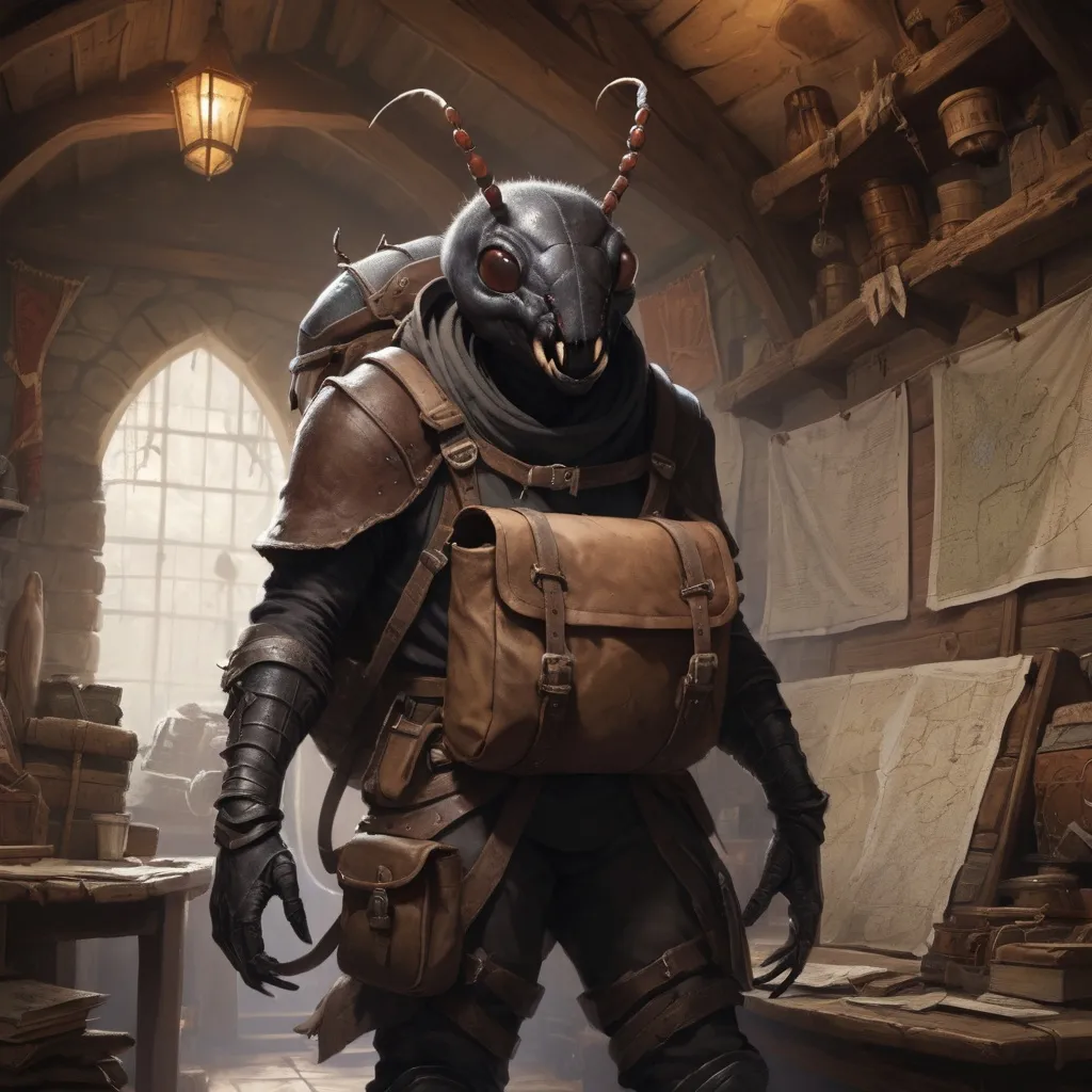 Prompt: Ant symbiosis (DND character adventurer), with striking ant-like features, mandibles, (detailed black carapace covering skin), in a rustic adventurers guild, (ridiculous large oversized backpack) slung over shoulder, medieval fantasy atmosphere, common room with maps and banners on the wall, (dynamic angle), ultra-detailed, imaginative narrative-driven scene.