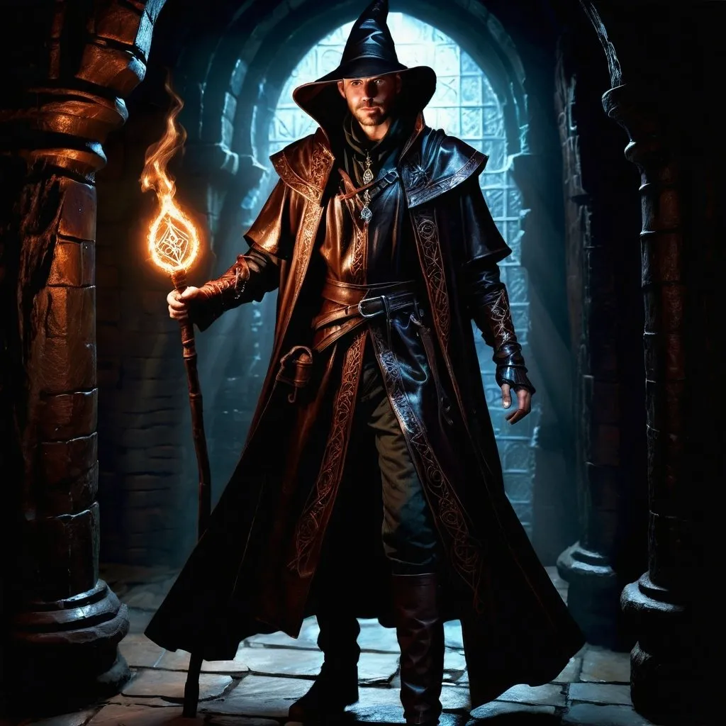 Prompt: photo realistic full body, male DnD character exploring a dungeon, glowing magical mage staff, oil painting, sharp lines, detailed face, perfect face, intricate glossy leather coat, victorian style  mage outfit, leather mages robes, detailed, high quality, dark tones, danger lurking in the shadows, elaborate explorer gear, ancient glowing runes, mysterious atmosphere, old world charm, 