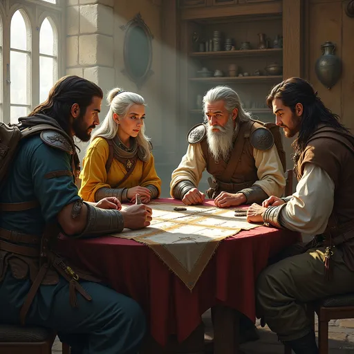 Prompt: hghly detailed, (diverse group of DnD adventurers), diverent fantasy races,  in a medieval guildhouse (anton pieck style) , soft sunlight through the windows, (beautiful detailed faces), (medieval fantasy Setting), sitting around a Table, (detailed character designs with backpacks and gear), (immersive composition).