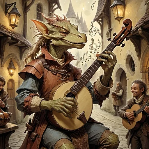 Prompt: DnD kobold bard playing an instrument, magical musical notes streaming in the air, Anton Pieck style painting, vintage warm tones, intricate details, whimsical fantasy, medieval, high quality, oil painting, good hair, charming, enchanting, intricate details, cozy lighting