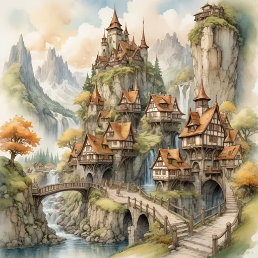 Prompt: realistic water color painting of a  distand Anton Pieck-style elf town of quaint elegant nature inspired towers and spires on the edge of a mountain lake, mossy roofs, deciduous forest, elven population, lively town, busy streets, cobble stone, sharp strokes, giant deciduous trees, crowds on the road, cascading waterfall,  high quallity, connected paths, high resolution, detailed, wood bridge, majestic mountains in the background, castle in the background, detailed and vibrant, high quality, Anton Pieck style, elf village, nostalgic, warm tones, cascading waterfall, golden Clouds, summer day,