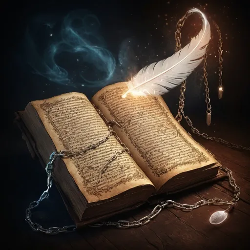 Prompt: Ancient spell tome, magical glow, , ancient writing, tome floating in the air, illuminating magical swirls, detailed illustration, high quality, magical, ancient, glowing runes, chains, floating, detailed, atmospheric lighting, writing feather