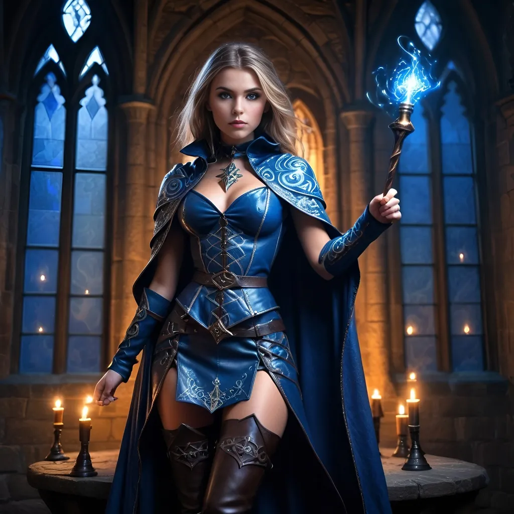 Prompt: Full body, wizard girl, leather skirt, fierce look, business top, intricate mantle, knee high boots, illuminating wand, mages tower, medieval fantasy, magical swirls, high quality, detailed, medieval fantasy, illuminating blue magical flashes, intricate patterns, atmospheric lighting, gorgeous face,