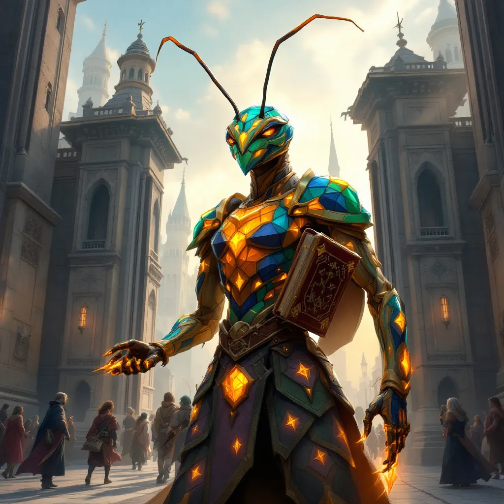 Prompt: fantasy style humanoid ant, carapace and leather suit, fout arms, adventuring tools, embarking on an adventure, set against medieval city gates, intricate armor details, relaxed setting lush greenery surrounding the gates, high quality and ultra-detailed artwork.