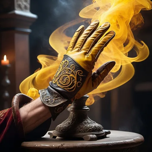 Prompt: (leather gloves of might), (yellow swirling magical smoke), intricate design details, medieval fantasy ambiance, mystical symbolism, enchanting lighting, a stone pedestal adorned with ancient runes, vibrant colors highlighting the magical essence, high resolution, ethereal atmosphere, dynamic energy surrounding the gloves, cinematic depth