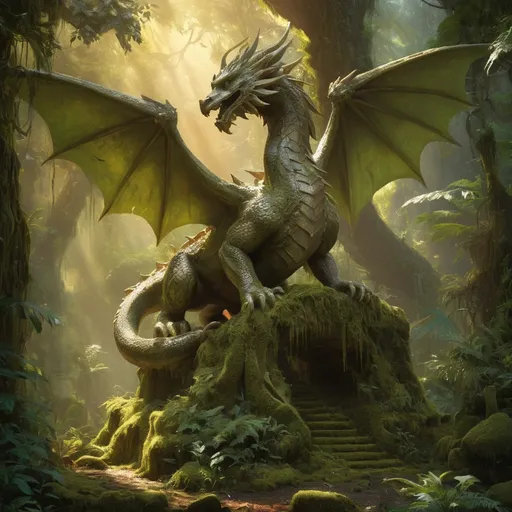 Prompt: (stone western dragon statue), (overgrown with moss and plants), magnificent wings, (ceremonial resting giants), deep rainforest, sunlight streaming through ancient trees, ethereal atmosphere, mystical ambiance, rich greens and browns, soft golden light, serene background, oil painting masterpiece, capturing the awakening of the gods, high detail, enchanting scene, tranquil yet powerful mood, ultra-detailed composition.