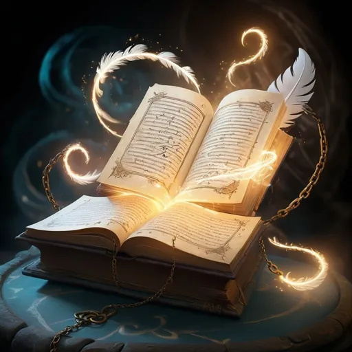 Prompt: Ancient spell tome, magical glow, , ancient writing, tome floating in the air, illuminating magical swirls, detailed illustration, high quality, magical, ancient, illuminating runes, chains, floating, detailed, atmospheric lighting, writing feather, ancient markings, magical cirkel