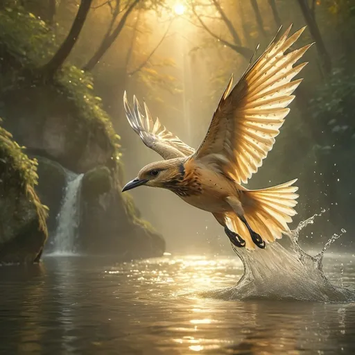 Prompt: bird in flight, emerging from the water, (symbolizing free spirit), (freedom theme), (light escaping) from the wings, soft golden glow illuminating the scene, ethereal mist trail behind, serene and uplifting ambiance, warm color tones, vibrant sky at dusk, high depth with subtle details, ultra-detailed, perfect for evoking poetry and imagination.