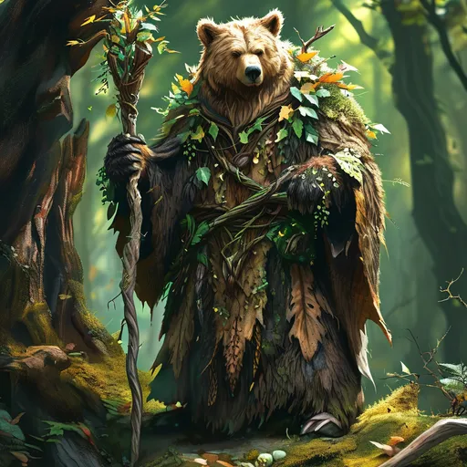 Prompt: Bear druid DnD character, (fantasy), intricately detailed fur robe blending with the woodland scenery, holding a gnarled wooden staff adorned with leaves and crystals,  vibrant green foliage in the background, enchanting lighting casting soft shadows, magical ambience, highly detailed, ultra-detailed, 4K.