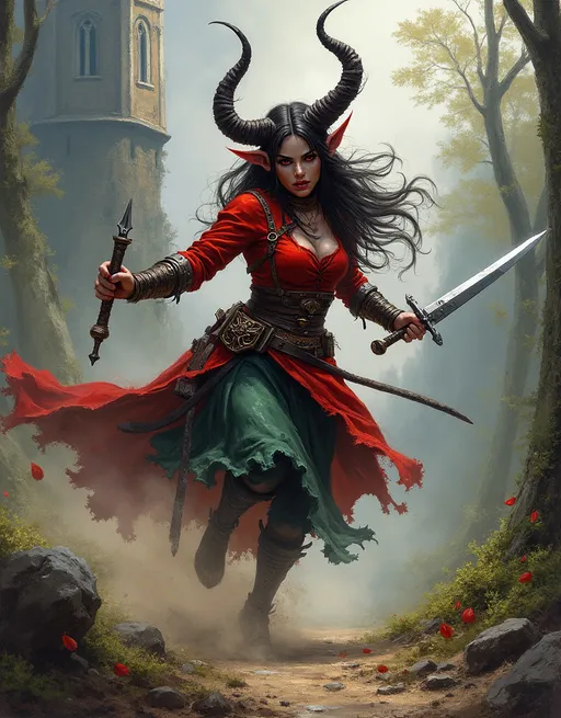 Prompt: Full body,(female DnD character: demon rogue), swirling through a battle, epic scene depicting a medieval fantasy confrontation, vibrant colors, dramatic brushstrokes, (dynamic movement), stunning demonic face with evil smirk, horns and a devils tail, immersive background with a crumbling castle, lush forests, and swirling dust, oil painting style evokes a sense of adventure, detailed textures, captures incredible energy, awe-inspiring, ultra-detailed.