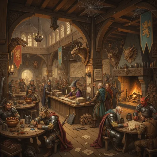 Prompt: Medieval fantasy adventurers guild, Anton Pieck style, (rustic wooden interior), large open rustic hall, with a counter and an administrative clerc, DND characters, chairs and tables with food, monster parts laying around, ambient warm lighting, maps and hunting trofees on the wall, a quest board a warm burning fire, banners hanging from the ceiling, intricate woodwork, scattered adventurers' gear, cozy yet bustling vibe of different fantasy races like elfs, orcs, dwarfs, dragon born and tieflings and different classes like fighter, thief, cleric, sorcerer, hunter and druid planning their next quest. various weapons displayed.