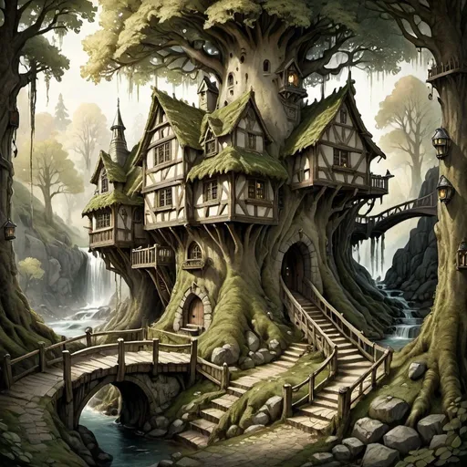 Prompt: Anton Pieck style illustration of a large medieval fantasy treehouse tavern build in a large continuous willowing tree, leafy roof, mossy, inviting entrance with bridge, connected paths, in a wild forrest, flowing stream, waterfall, vintage paper texture, intricate line work, high detail, mystical atmosphere, warm and nostalgic tones, soft lighting, high quality, warm window lighting