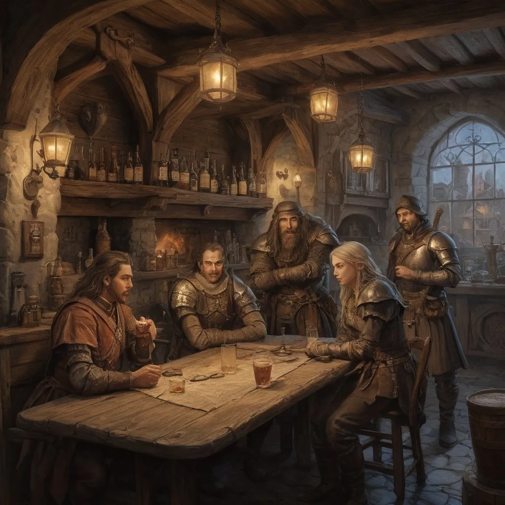Prompt: anton pieck-style tavern with DnD adventurer characters ,medieval fantasy, oil painting,  high-quality,   professional lighting, ultra-detailed, dignified stance,  professional lighting