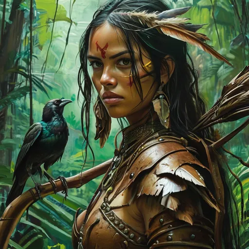 Prompt: realistic oil painting, Female Adivasi nature warrior with bird elements, (medieval fantasy), clad in leather platemail armor, casting nature spells, surrounded by a lush jungle setting, ancient jungle ruins, vibrant green tones, (mystical ambiance), detailed character features, captivating expressions, intricate armor designs, weapon details, (highly detailed), (4K), capturing the essence of a DnD character immersed in a magical experience.