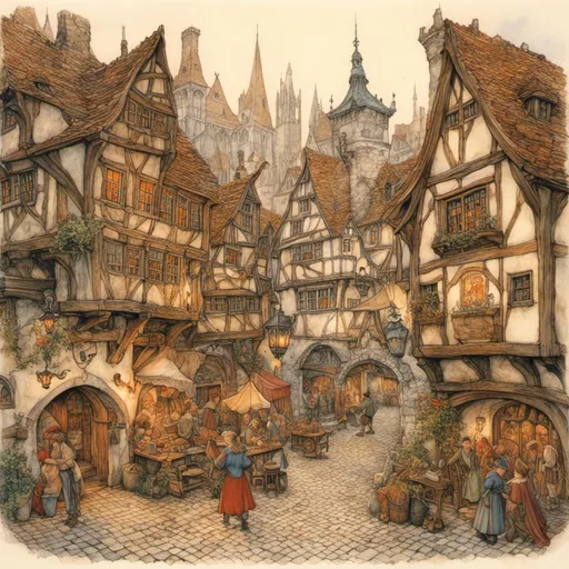 Prompt: <mymodel>Medieval fantasy city in sommer, bustling crowd, cobblestone streets, detailed medieval architecture, high fantasy, intricate snowflake patterns, warm and cozy lighting, highres, detailed crowd, fantasy, medieval, bustling,  intricate architecture, cozy lighting, detailed environment, epic atmosphere