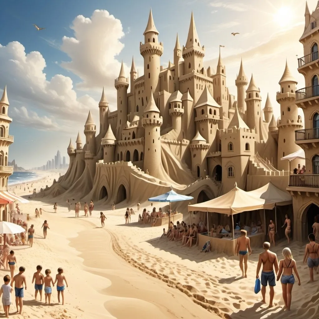 Prompt: city of sand and castles, summer scene, beach, intracate buildings, fantasy style, realistic, crowds on the streets