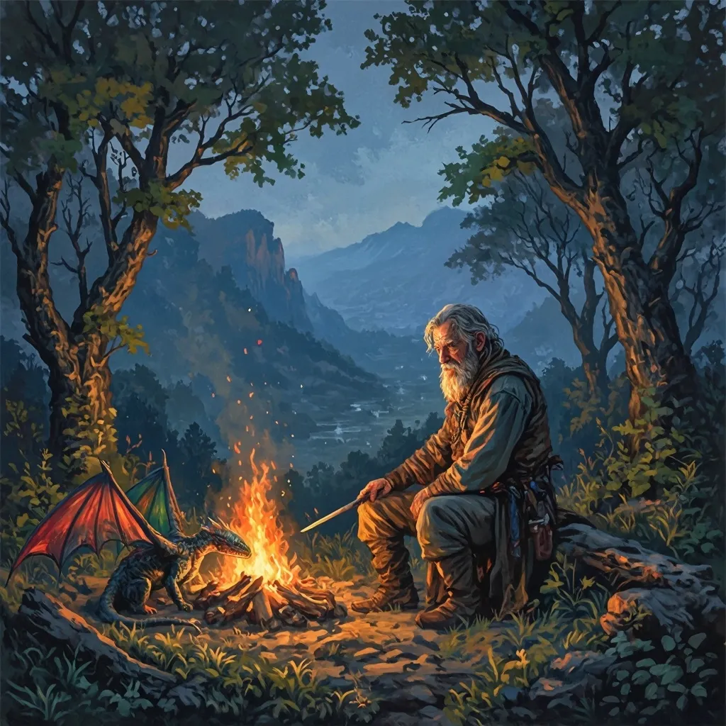 Prompt: oil painting rough strokes, campfire in the woods, old tattered and bearded adventurer sitting by the fire, medieval fantasy setting, colourfull winged dragon resting at its feet, dusk atmosphere with warm golden and deep blue tones, flickering flames casting soft light, surrounded by ancient trees, shadows dancing, detailed valley view below, enchanting ambiance, high quality 4K illustration.