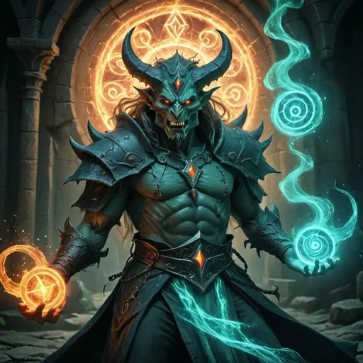 Prompt: (medieval fantasy demon summening spell), humanoid, vibrant magic energy, spiraling colors, dynamic shapes and forms rapidly changing, luminous glowing effects, enchanting atmosphere, illuminated rune symbols, high detail, ultra-detailed, dramatic lighting, magical ambiance