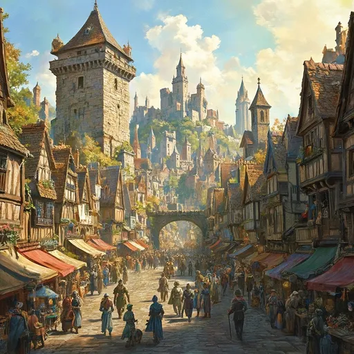 Prompt: Create a realistic digital artwork depicting a medieval fantasy grand distand cityscape as a birds eye view in the enchanting style of Anton Pieck and the story style of terry pratchett. Imagine bustling many little streets teeming with life, where merchants call out from their stalls in a lively marketplace, filled with vibrant fabrics and exotic wares. Tower above, a characteristic watch tower giving a sense of security, its stone facade kissed by warm sunlight, casting long shadows across the cobblestone streets below. In the distance, the majestic castle sits atop a hill, its turrets scraping the sky, while a magical temple gives a refuge to the citizens nearby, its spires adorned with intricate carvings. City watch patrol diligently but friendly, their armor glinting in the soft, golden light of dawn, embodying a sense of order amidst the joyous chaos. The atmosphere is alive with chatter, laughter, and the distant sound of bells ringing.