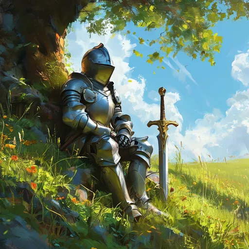 Prompt: (gnome knight, ready for action), (elven maiden), lush grassy hill, vibrant sunny day, golden clouds overhead, dramatic shadows, cheerful ambiance, whimsical atmosphere, detailed armor and weaponry for the gnome knight, elegant attire for the elven maiden, bright color tones, (ultra-detailed), enchanting scenery, serene yet adventurous vibe.