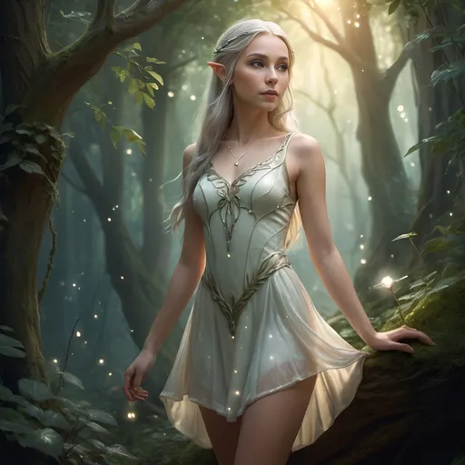 Prompt: Full-body elven girl , mystical forest setting, wearing a pearl colored short dress, ethereal and glowing, high-quality, digital painting, detailed features, elegant pose, vibrant and lush environment, magical, fantasy, ethereal lighting