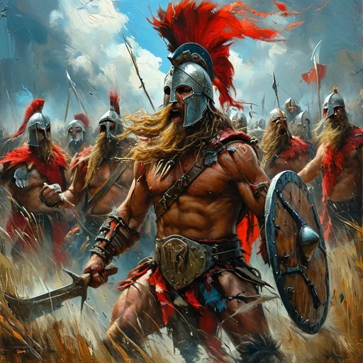 Prompt: (wild barbarian hordes), oil painting, (blade swinging barbarians), rough strokes, dark and dramatic atmosphere, intense and chaotic scene, vibrant colors splashed across the canvas, showcasing fierce expressions and dynamic poses, detailed backgrounds filled with battle debris, capturing an epic clash with high depth and refined details, 4K ultra-detailed masterpiece.