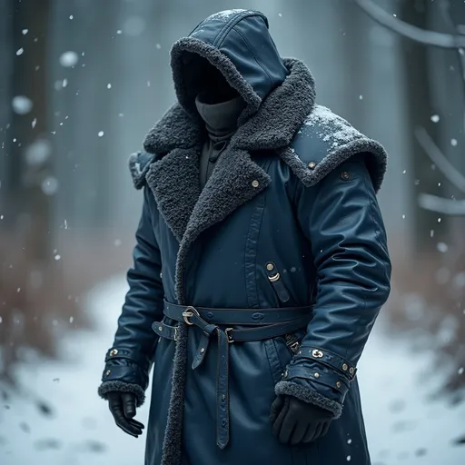 Prompt: Full body, (long full leather shearling coat), (wastelands style), closed, medieval fantasy, winter armor, tough, dark blue exterior, rugged design, intricate stitching details, atmospheric winter background with falling snowflakes, soft light illuminating the jacket giving it an edgy yet cozy look, ultra-detailed, high quality. 