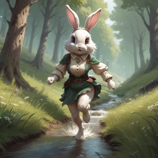 Prompt: female bunny humanoid character DnD style, furry skin ,running in a meadow in a forest, little stream, cute, sweet, fantasy art, magic the gathering artwork, concept art