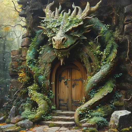 Prompt: (ancient dragon statue) overgrown with moss and vines, (Anton Pieck style) oil painting, enchanting ambiance, intricate details, surrounded by ancient ruins, magical door glowing softly, sparkling spells swirling in the air, soft muted colors, whimsical and mysterious atmosphere, ultra-detailed, high quality, enchanting scene reminiscent of fairy tales.