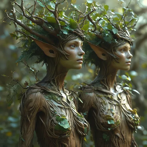 Prompt: (breathtaking concept of dryads), emerging from an enchanted forest, (bark-like skin), intricate detailing of branches and leaves covering their forms, (medieval fantasy), moody and mystical ambiance, dappled sunlight filtering through the foliage, (4K), ultra-detailed texture, capturing the ethereal beauty and ancient wisdom of nature, deep greens and browns blending harmoniously in the scene.