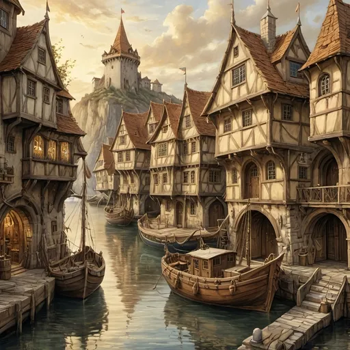 Prompt: oil painting, (medieval harbor setting), (small antique sailing trading boat),  wooden anton pieck styled chaotic structures, merchant guildhouse,  charming  arced wooden docks, intricate details, gentle waves, warm diffuse sunlight, historical architecture, fantasy elements, tranquil ambiance, rocky cliffs,  picturesque horizon blending into a golden cloud  sky, inviting atmosphere, dragon on the cliffs