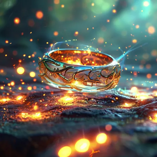 Prompt: (magical ring of poison floating in the air), (medieval fantasy),  spells vibrating in the air, vibrant warm colors illuminating the scene, mystical aura, ethereal glow, dynamic energy radiating, beautifully detailed textures, sense of enchantment, high fantasy atmosphere, serene background with soft lighting, ultra-detailed, captivating visual experience.