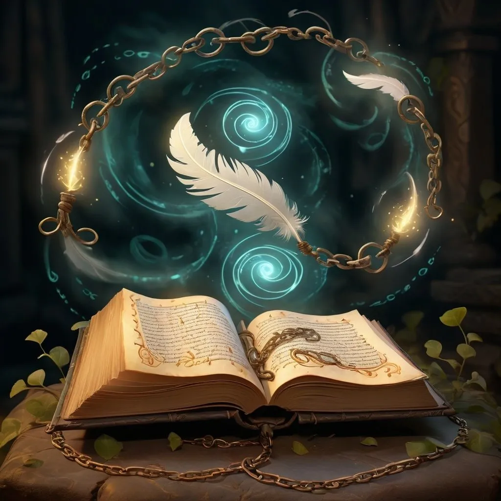 Prompt: Ancient spell tome, magical glow, , ancient writing, tome floating in the air, illuminating magical swirls, detailed illustration, high quality, magical, vines emerging, ancient, illuminating runes, chains, floating, detailed, atmospheric lighting, writing feather, ancient markings, magical cirkel