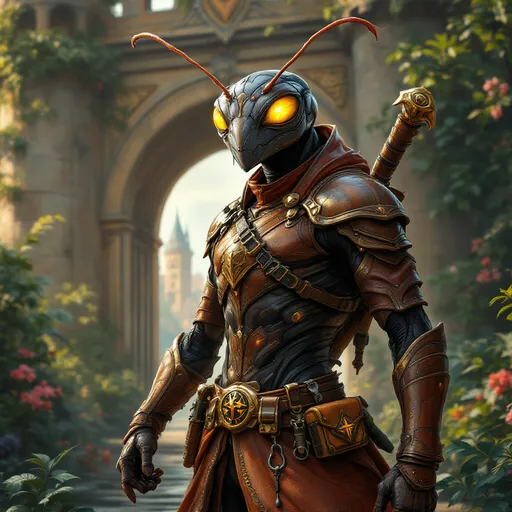 Prompt: fantasy style humanoid ant, carapace and leather suit, adventuring tools, embarking on an adventure, set against medieval city gates, intricate armor details, relaxed setting lush greenery surrounding the gates, high quality and ultra-detailed artwork.
