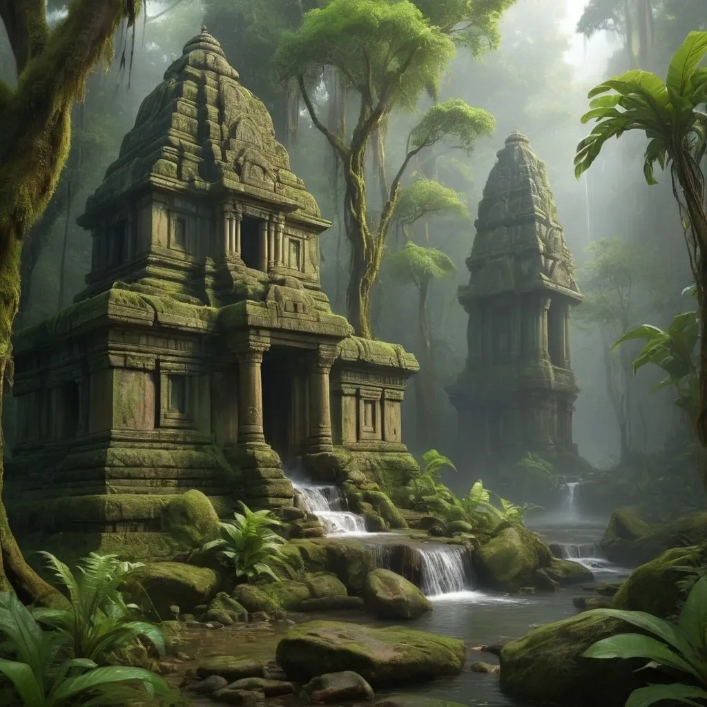 Prompt: Indian jungle temple complex, lush green tropical, rain forrest, nature, water stream, waterfall, ancient stone, overgrown, moss, fog, high quality, realistic, tropical, ancient, detailed foliage, serene atmosphere, natural lighting, magical light, 