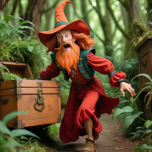 Prompt: (rincewind, Terry Pratchett character), 
 young apprentice wizard, orange beard, frighted face, running away, wooden traveling chest with lots of legs, (overgrown) red gown, whimsical setting, lush greenery, vibrant colors, magical ambiance, expressive gesture, comedic posture, detailed fabric texture, enchanted atmosphere, overall fantasy theme, high quality, ultra-detailed, warm lighting, adventure vibes, dynamic composition.