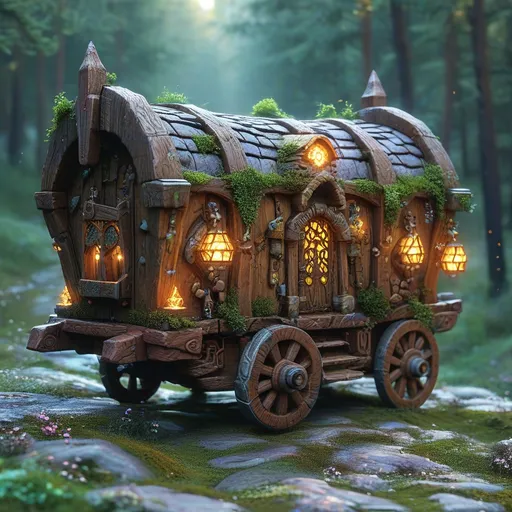 Prompt: (a grand magical wooden transport wagon), medieval fantasy, glowing runes, swirling magical energy, vibrant colors, enchanting atmosphere, stones lining the rustic country road, atmospheric lighting with soft warm tones, detailed craftsmanship of wagon, elaborate carvings, lush greenery surrounding road, ultra-detailed, dynamic energy showcasing active spells, an air of adventure and mystique.