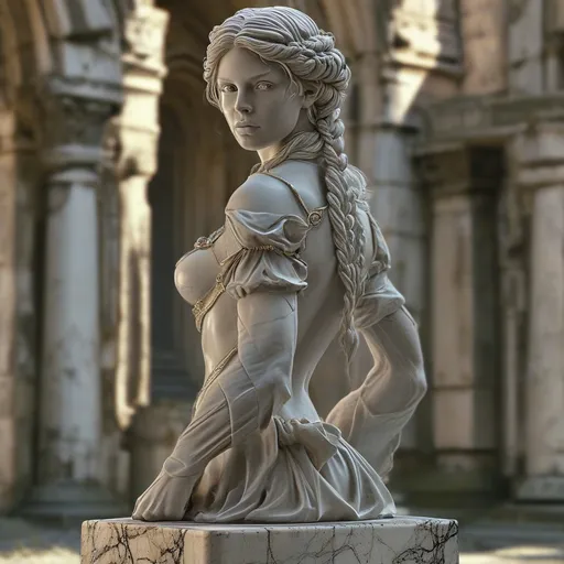 Prompt: realistc, Full female body, ((veiny marble statue)) on a pedestal, gorgeous strong face, smooth veiny marble shiny surface, legs, chiseled medieval fantasy dress, dominant stance, looking over shoulder, set between ancient ruins, magical spells in the air