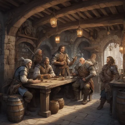 Prompt: anton pieck-style tavern with DnD adventurer characters ,medieval fantasy, high detail faces, mix race of  dragon x elf, oil painting,  high-quality,   professional lighting, ultra-detailed, dignified stance,  professional lighting