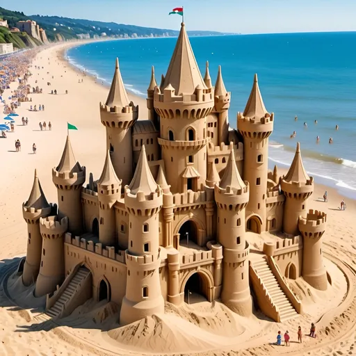 Prompt: castle-sized sand castle on the beach, intricate towers and gate, sunny day, people inside, detailed sand texture, realistic, vibrant colors, italian coast, beach scene, high quality, detailed sandcastle, sunny, intricate design, realistic, vibrant, beach, lifelike, tower details, gate, beachfront, sunny lighting